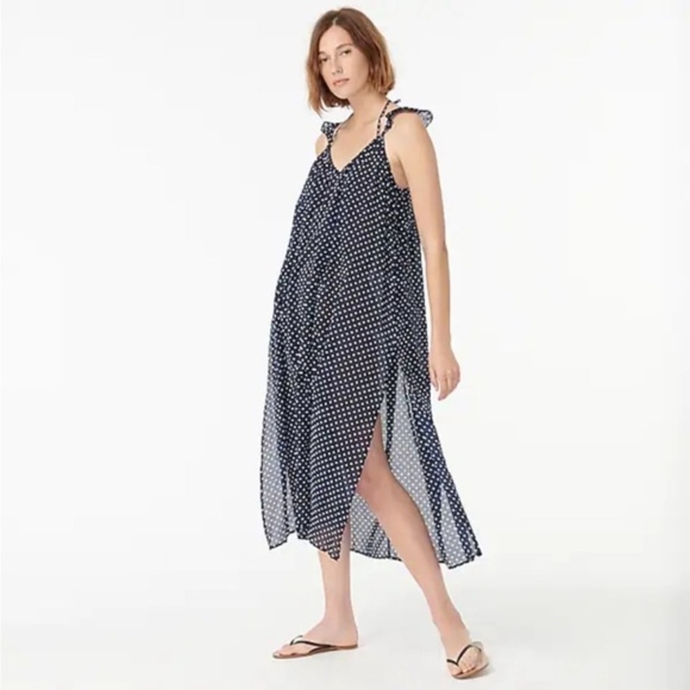 J. Crew Beachwear Ruffle Strap Cover classic polka dot navy white small medium